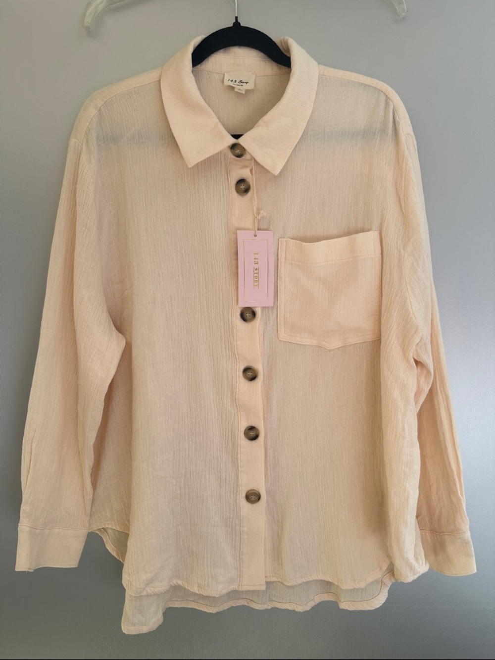 143 Story by Line Up Shirt Large Button Up Crinkle Cotton High Low Long Sleeve